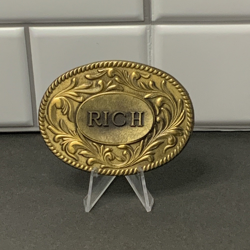 Vintage 1977 The Kinney Co RICH Name Belt Buckle Brass Tone Western Floral Boxed